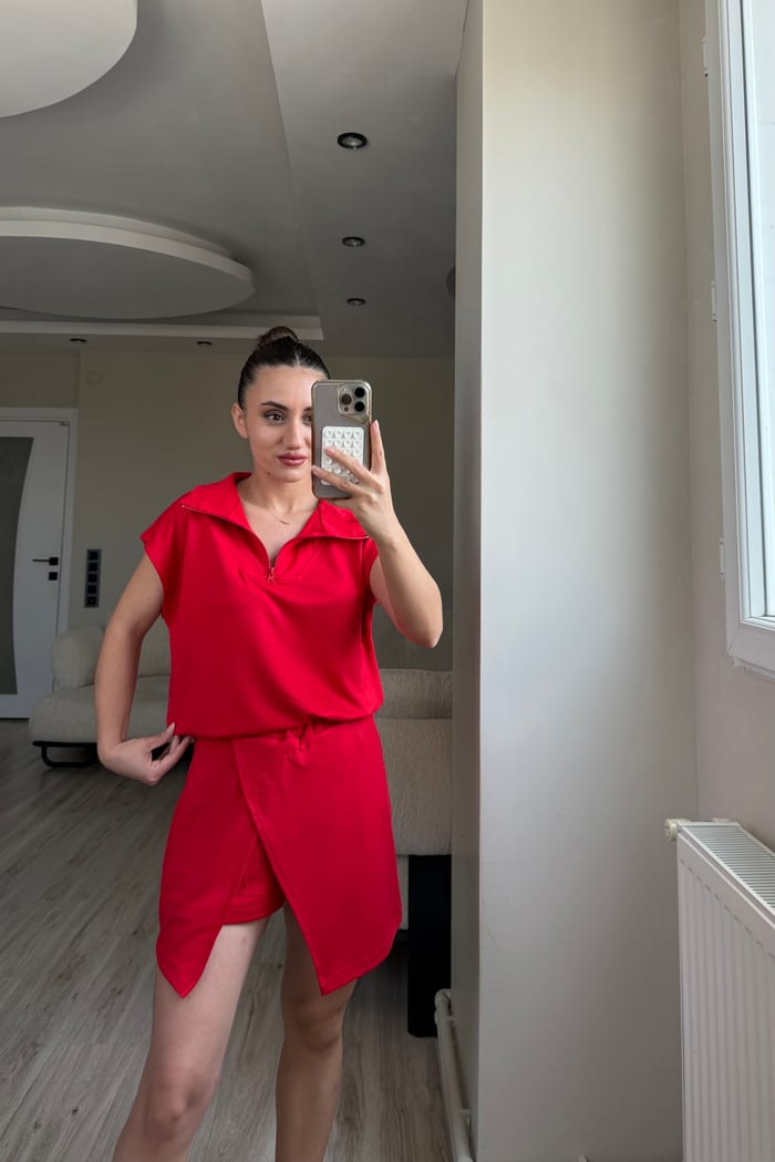 ÖN SİPARİŞ- FERMUARLI MODAL KUMAŞ BLUZ ŞORT ETEK TAKIM - LF081
