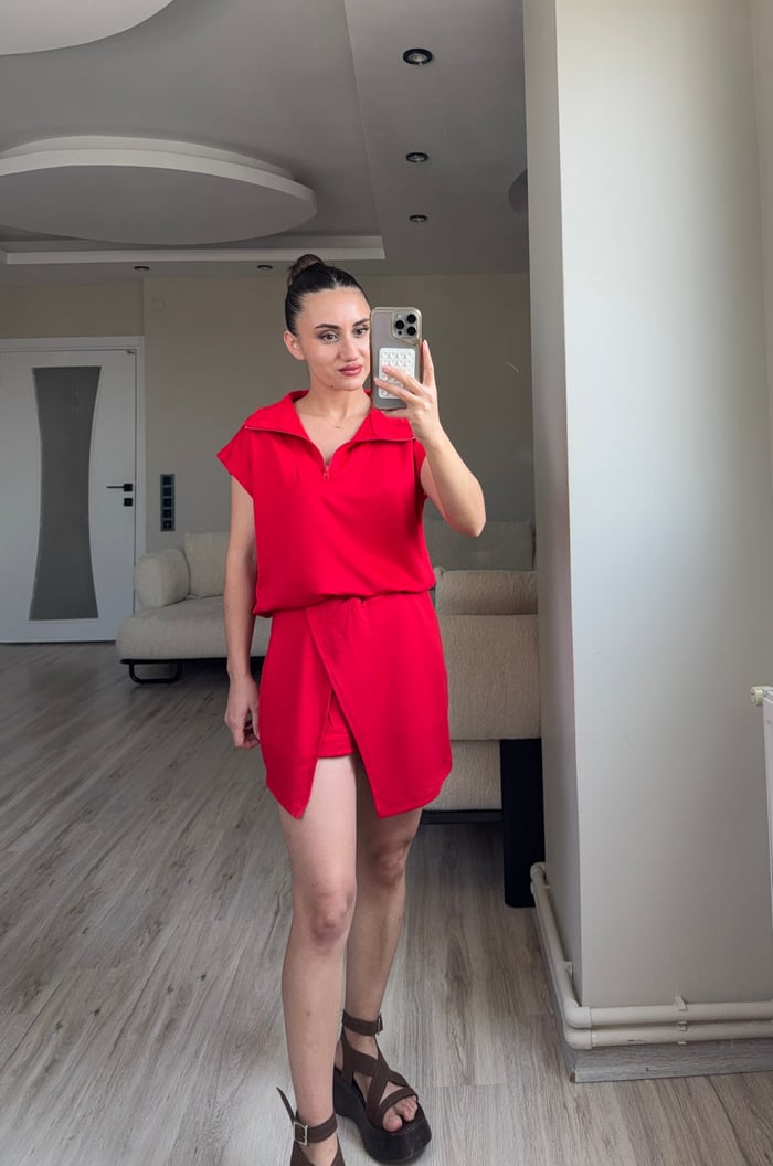 ÖN SİPARİŞ- FERMUARLI MODAL KUMAŞ BLUZ ŞORT ETEK TAKIM - LF081