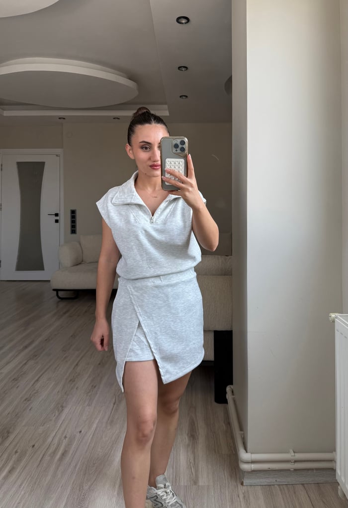 ÖN SiPARİŞ-FERMUARLI MODAL KUMAŞ BLUZ ŞORT ETEK TAKIM - LF083
