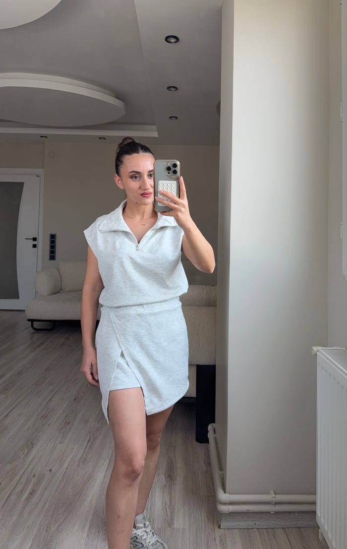 ÖN SiPARİŞ-FERMUARLI MODAL KUMAŞ BLUZ ŞORT ETEK TAKIM - LF083