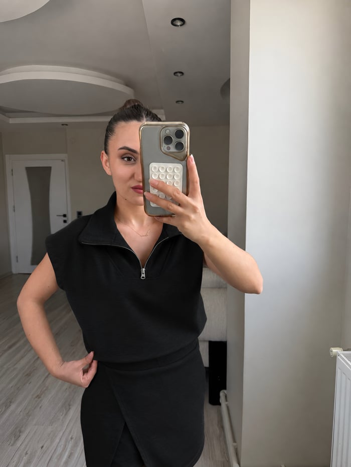 ÖN SiPARİŞ-FERMUARLI MODAL KUMAŞ BLUZ ŞORT ETEK TAKIM - LF082
