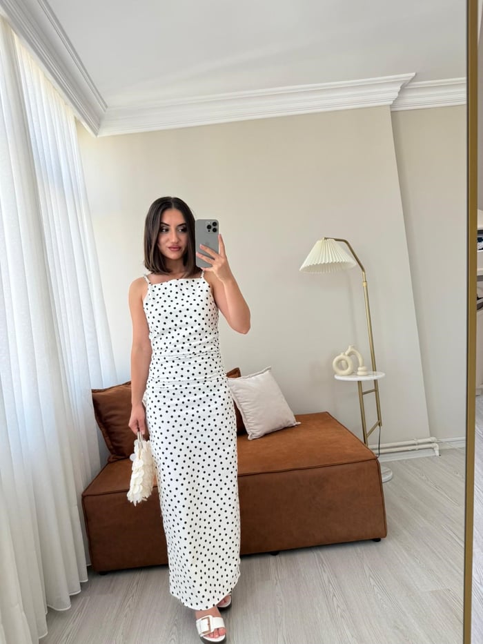 Puantiyeli Denim Elbise-Beyaz