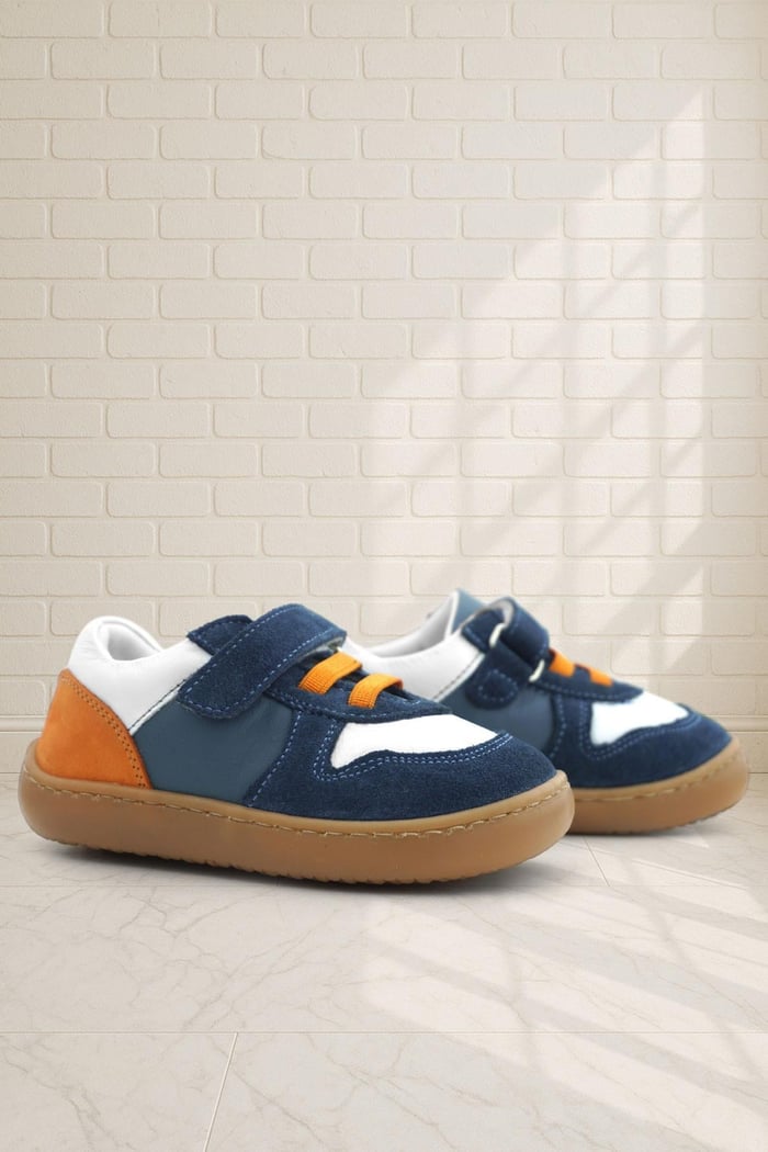 Rakerplus Bob Hakiki Deri Lacivert Beyaz Barefoot Cırtlı Lastikli Bebek Sneaker Ayakkabı