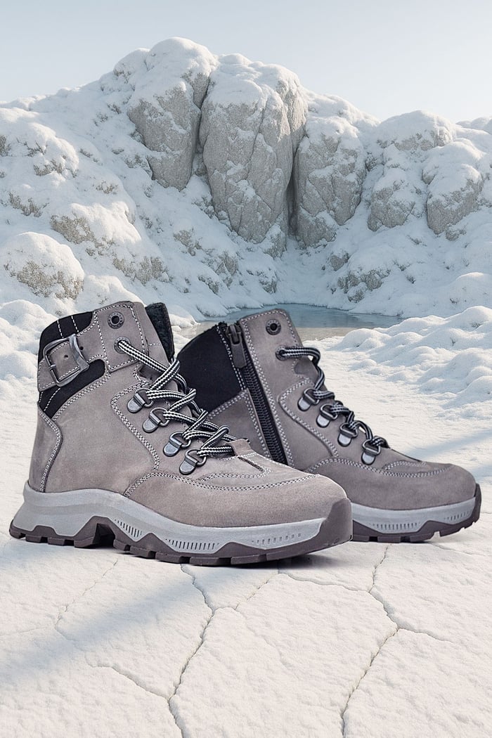 Rakerplus Hakiki Deri Gri Bağcıklı Fermuarlı Trekking Çocuk Bot