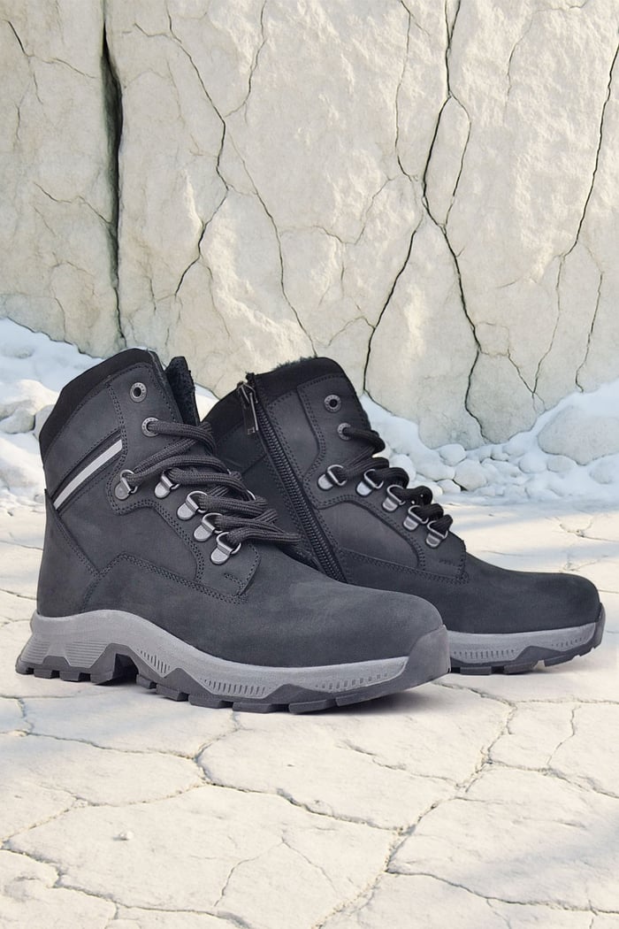 Rakerplus Hakiki Deri Siyah Süet Bağcıklı Fermuarlı Trekking Çocuk Bot