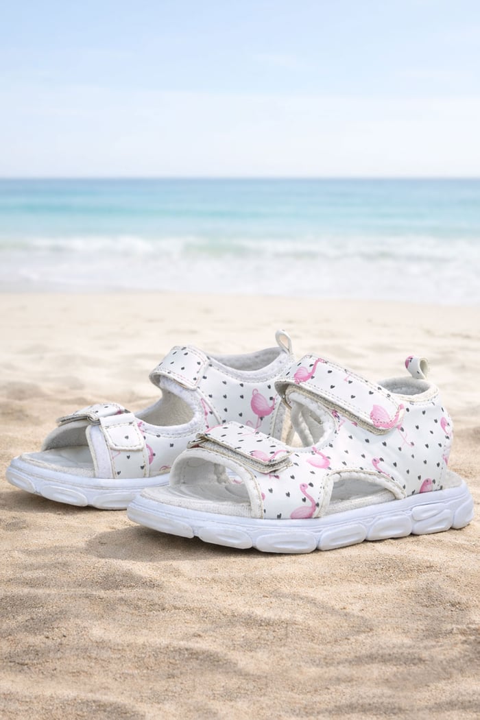 Rakerplus Beyaz Flamingo Cırtlı Bebek Sandalet Ayakkabı