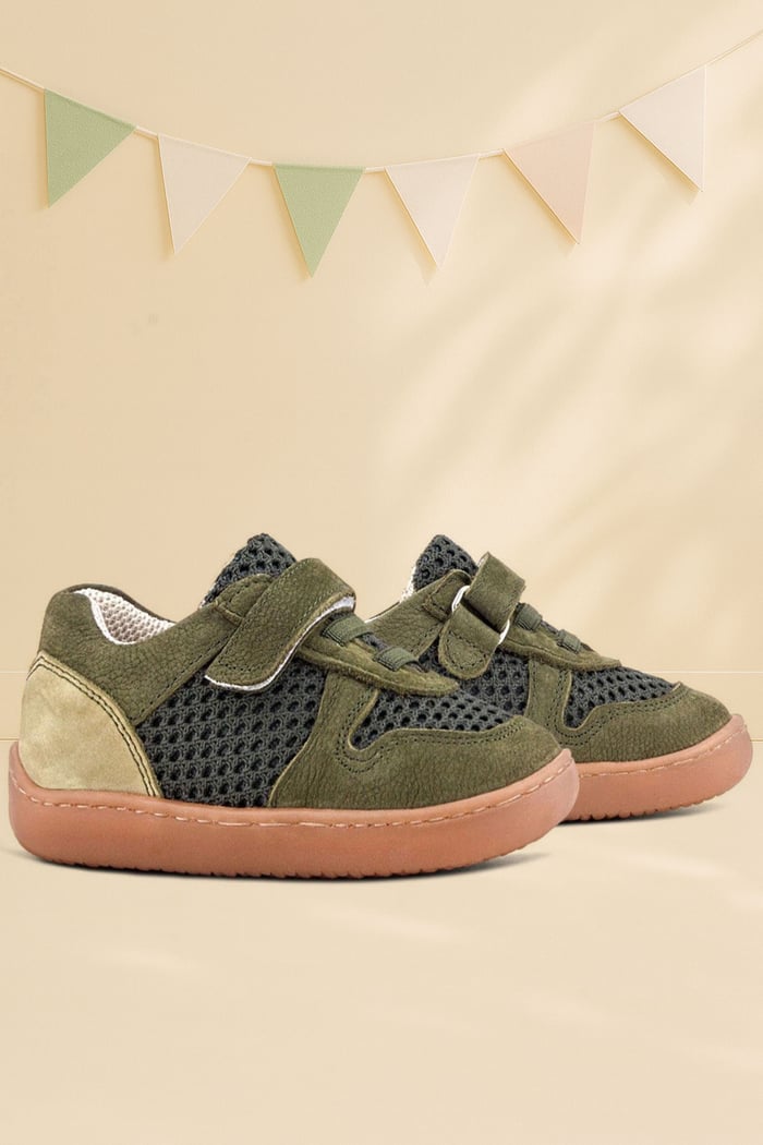 Rakerplus Bob Hakiki Deri Haki Yeşil Barefoot Cırtlı Lastikli Bebek Sneaker Ayakkabı