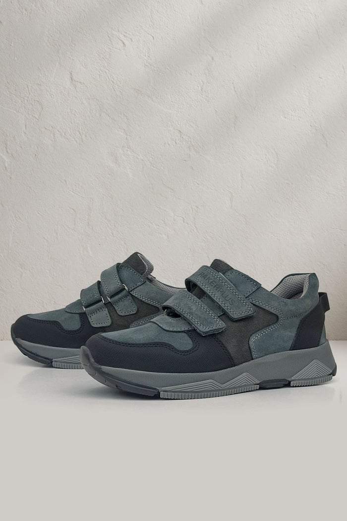 Rakerplus Hakiki Deri Koyu Gri Siyah Çocuk Cırtlı Sneakers Spor Ayakkabı