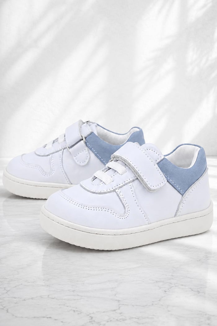 Rakerplus Bob Hakiki Deri Beyaz Nubuk Mavi Cırtlı Bebek Sneaker Ayakkabı