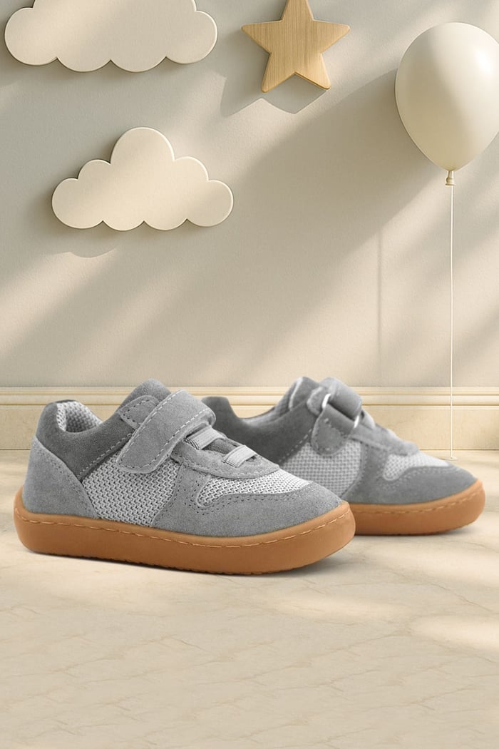 Rakerplus Bob Hakiki Deri Gri Barefoot Cırtlı Lastikli Bebek Sneaker Ayakkabı