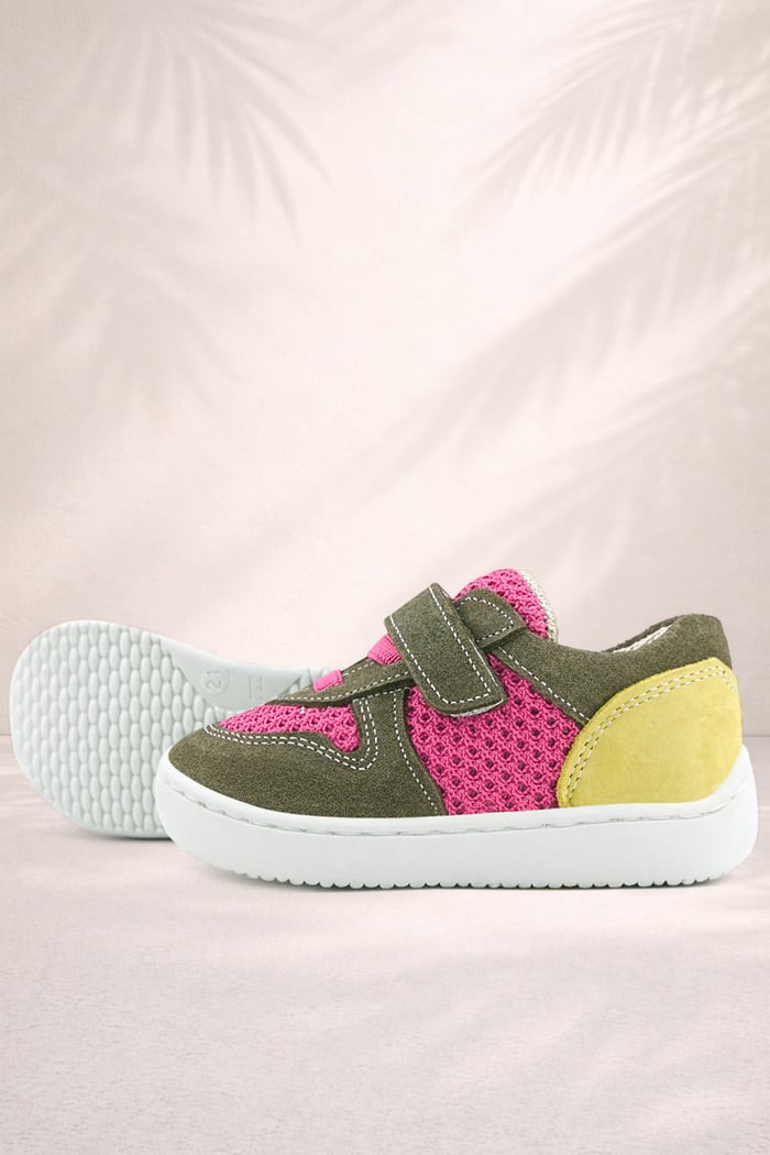 Rakerplus Bob Hakiki Deri Haki Yeşil Pembe Barefoot Cırtlı Lastikli Bebek Sneaker Ayakkabı