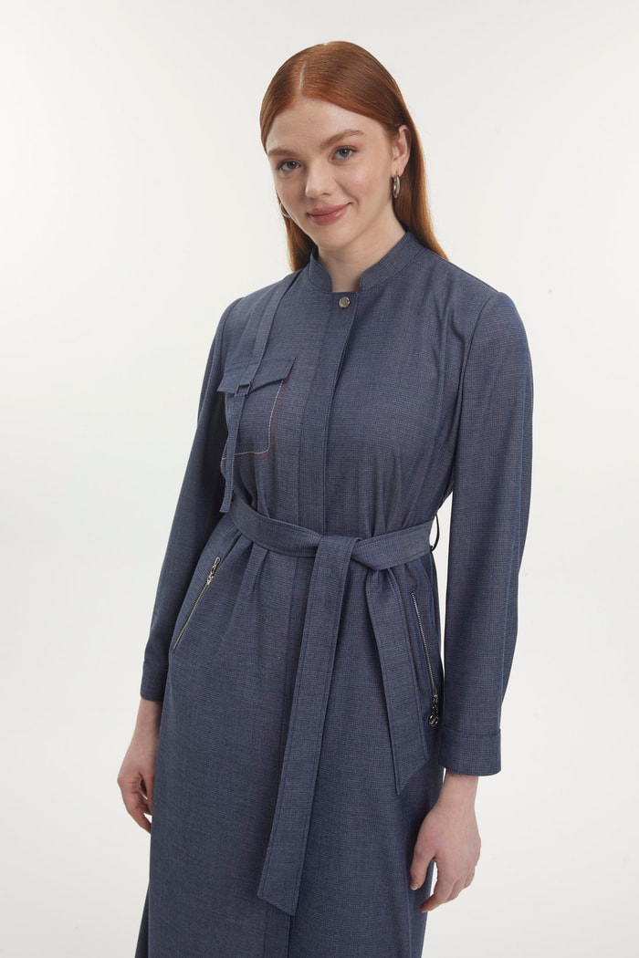 Hakim Yaka Kuşaklı Fermuar Cepli İndigo Pardesü 13773 - Zühre