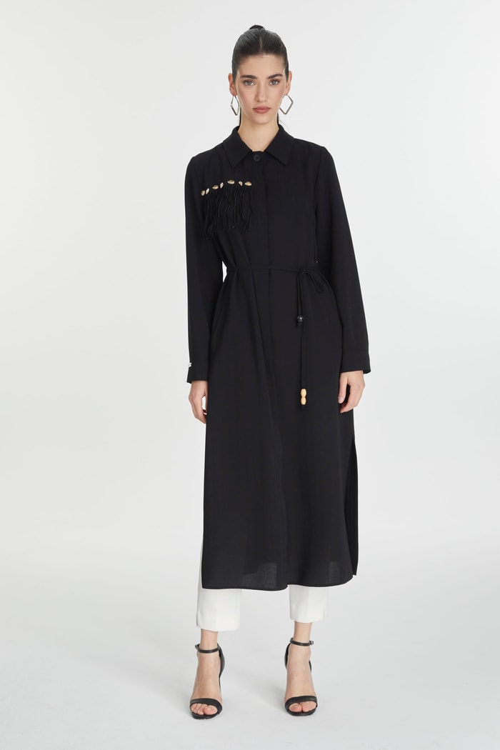 Deniz Kabuğu Detaylı Püsküllü Siyah Giy Çık GÇ-0234 - Zühre