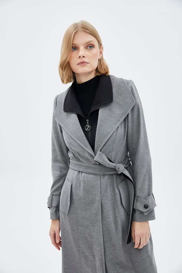 Geniş Yaka Kuşaklı Gri Giy Çık GÇ-0219 - Zühre