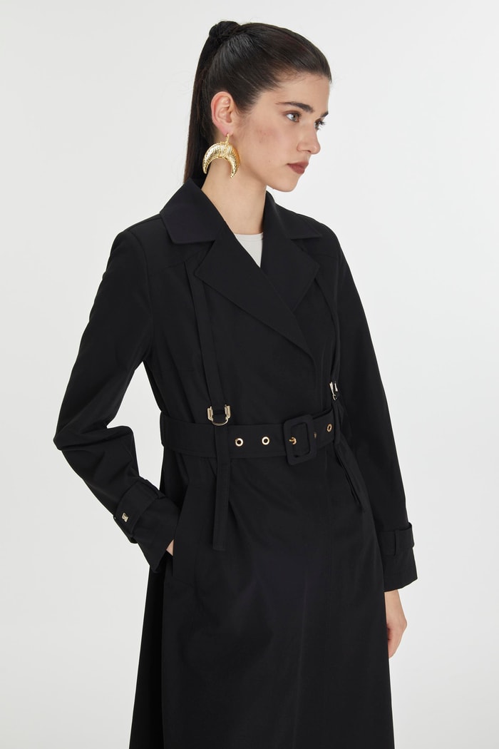 TETSU  Kruvaze Yaka Apolet Detaylı Kemerli Siyah Trençkot 13758 - Zühre