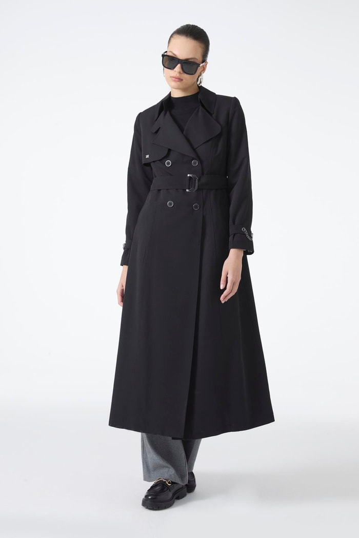 Chain and Belt Detailed Black Trench Coat