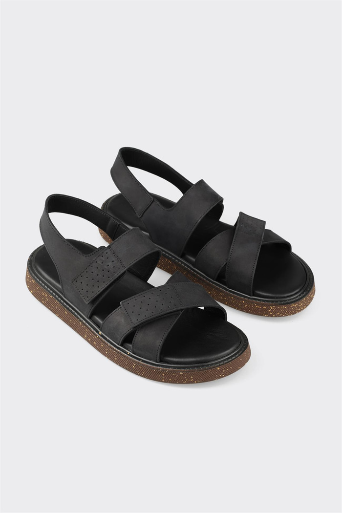 Siyah Deri Erkek Sandalet