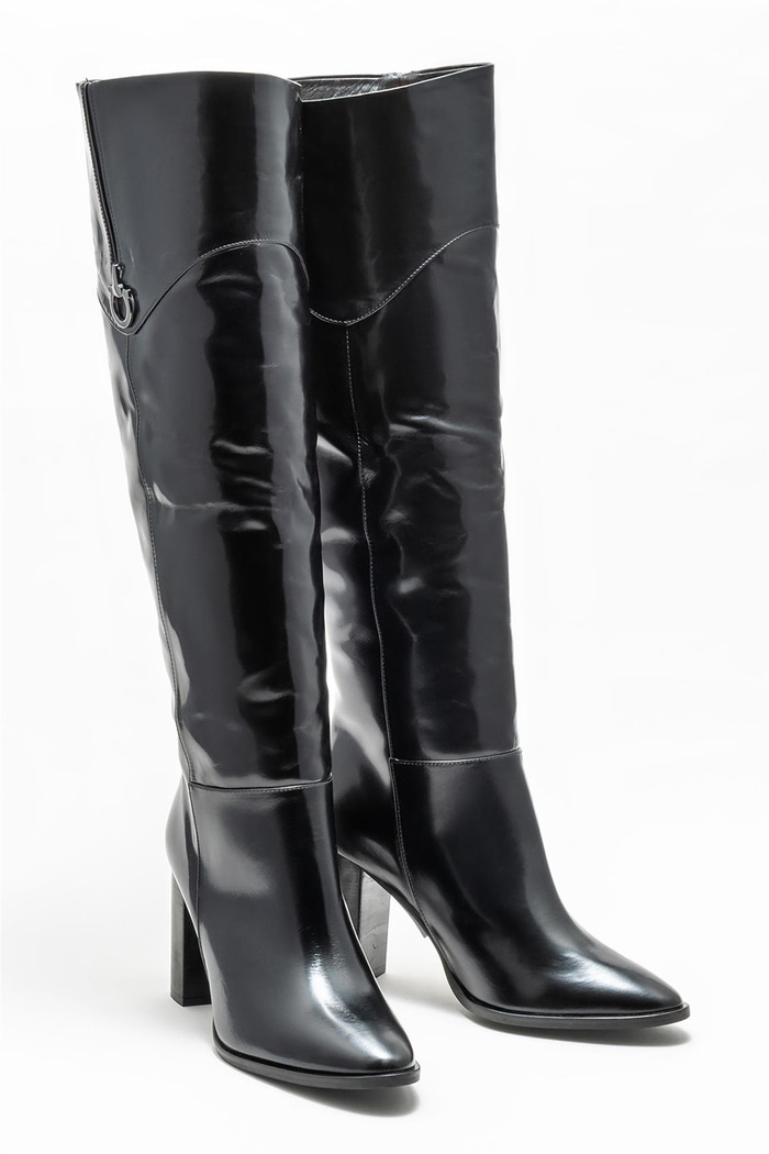 Siyah Deri Kadın Topuklu Çizme