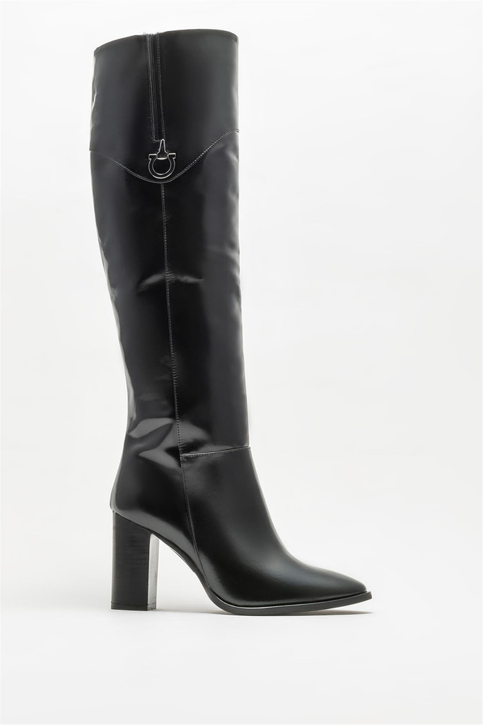 Siyah Deri Kadın Topuklu Çizme