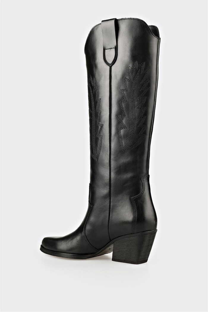 Siyah Deri Kadın Western Çizme