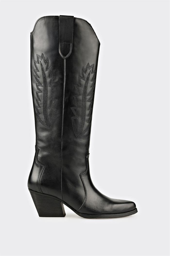 Siyah Deri Kadın Western Çizme