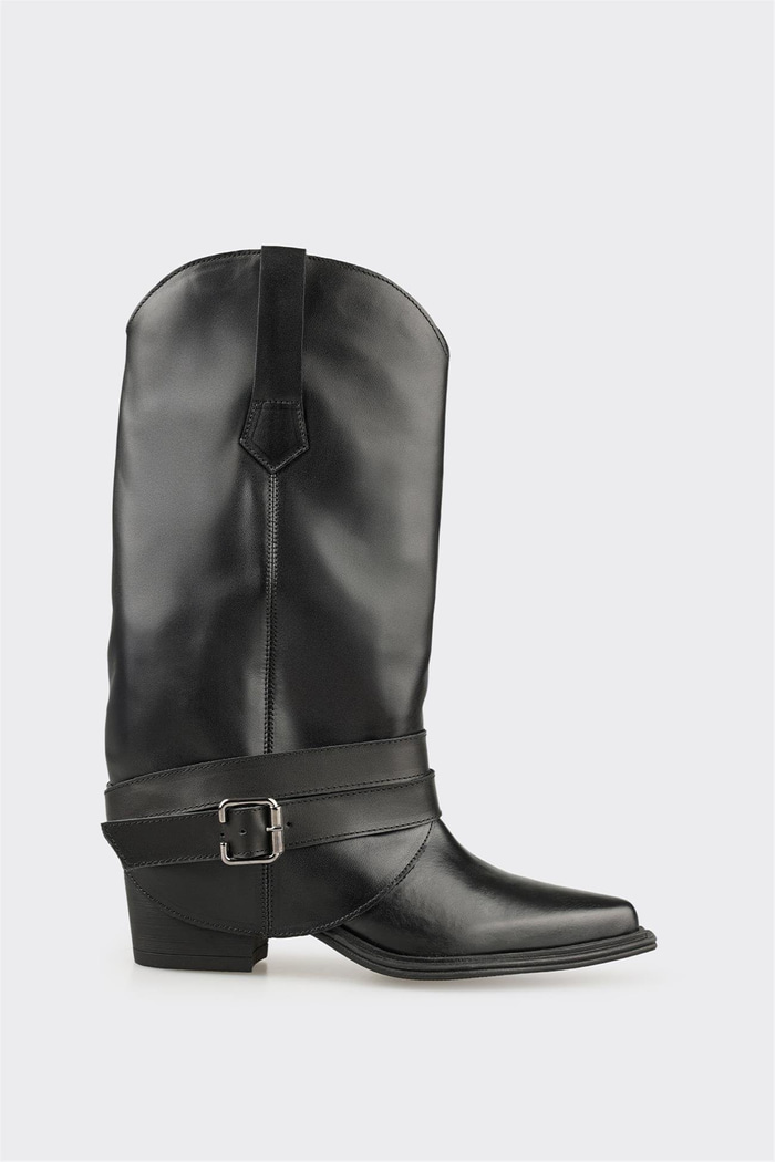 Siyah Deri Kadın Western Çizme