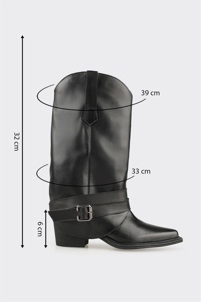 Siyah Deri Kadın Western Çizme
