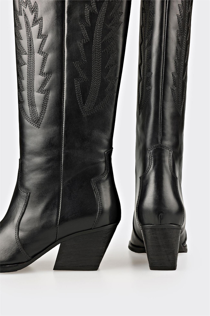 Siyah Deri Kadın Western Çizme