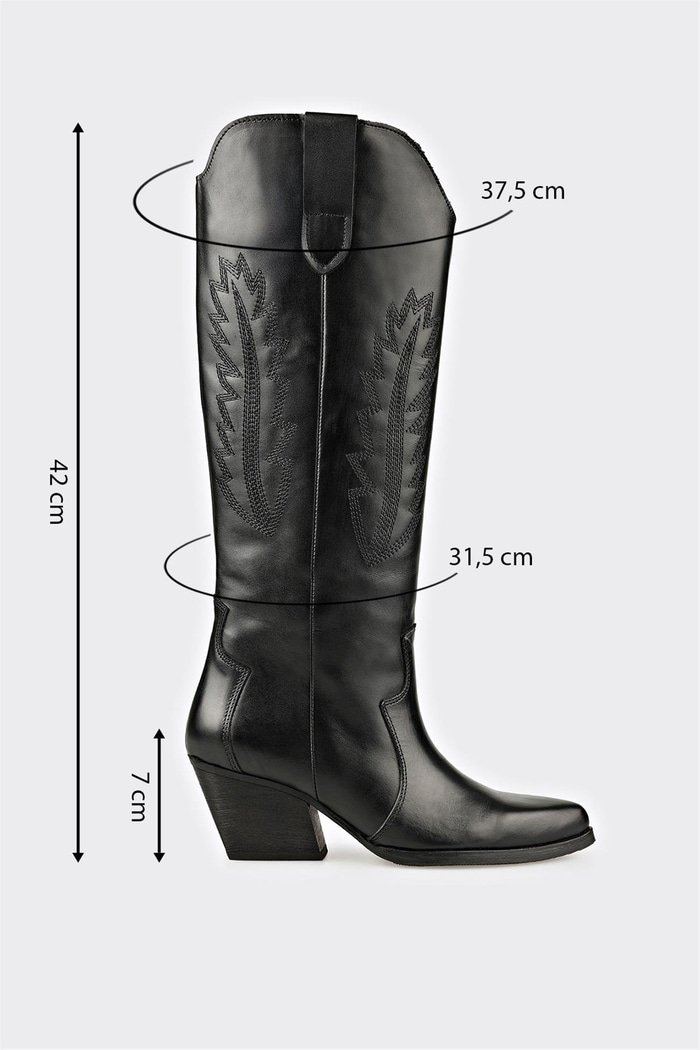 Siyah Deri Kadın Western Çizme