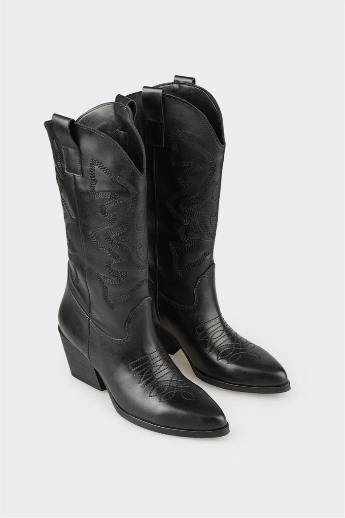 Siyah Deri Kadın Western Çizme