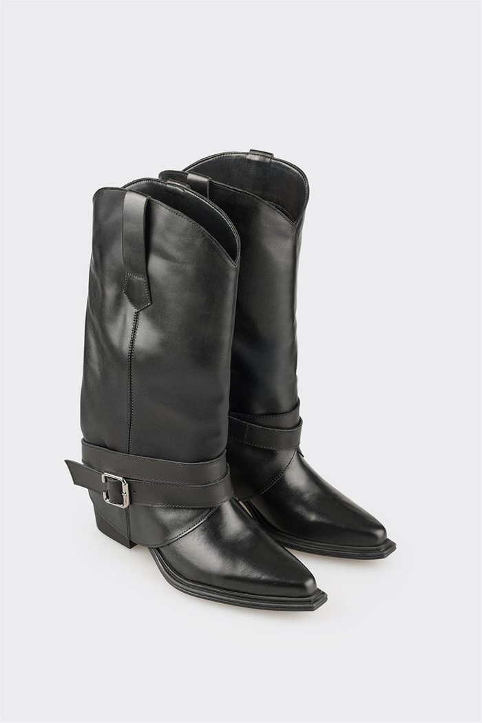 Siyah Deri Kadın Western Çizme