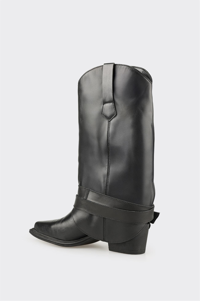 Siyah Deri Kadın Western Çizme