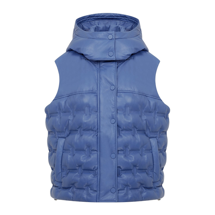 Anitra Mavi Kadın Kapüşonlu Puffer Deri Yelek