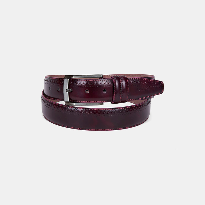 Erkek Bordo Brogue Desenli Deri Klasik Kemer