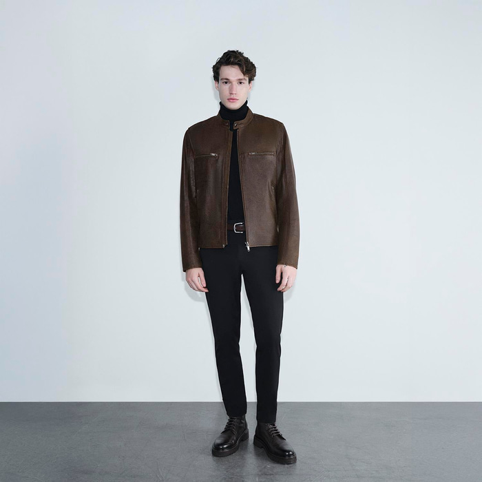 Erkek Kahve Hakim Yakalı Fit Deri Ceket