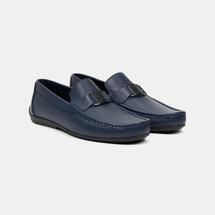 Erkek Lacivert Metal Detaylı Deri Loafer