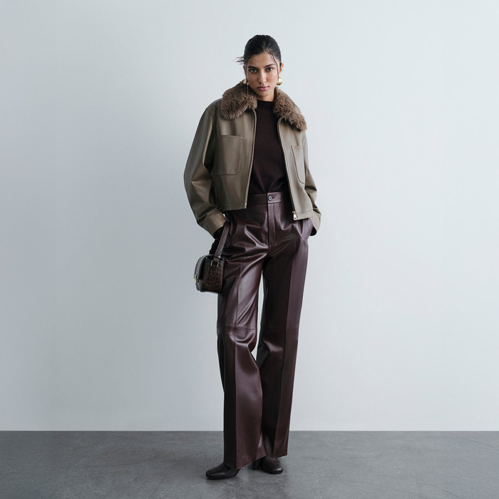 K15072 KADIN YAKASI KÜRKLÜ DERİ CEKET