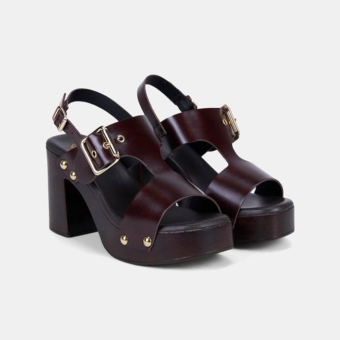 Kadın Acı Kahve Zımbalı Platform Topuklu Deri Sandalet