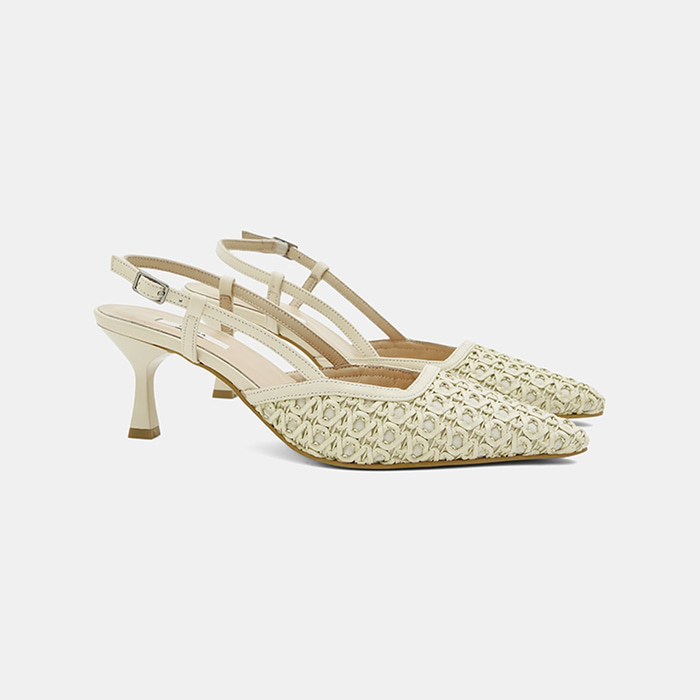 Kadın Bej Sivri Burunlu Slingback Deri Topuklu Ayakkabı