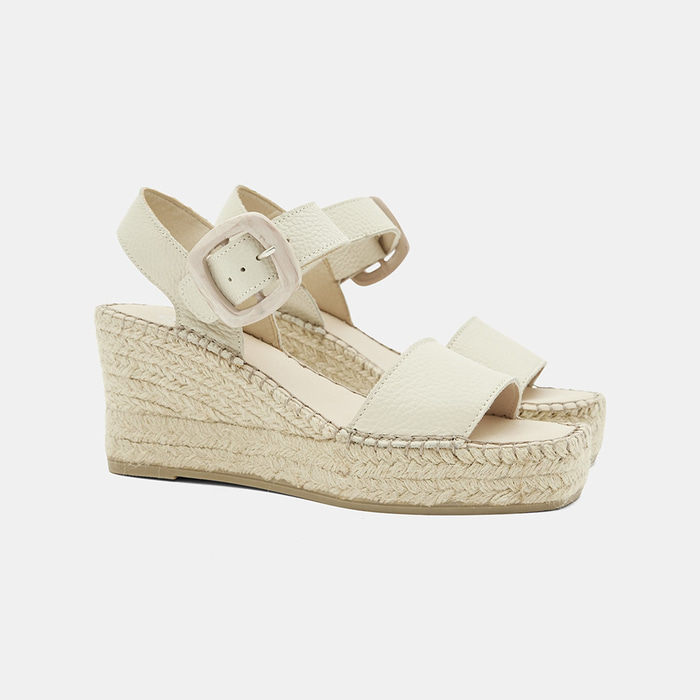 Kadın Beyaz Kemik Tokalı Dolgu Topuklu Deri Sandalet