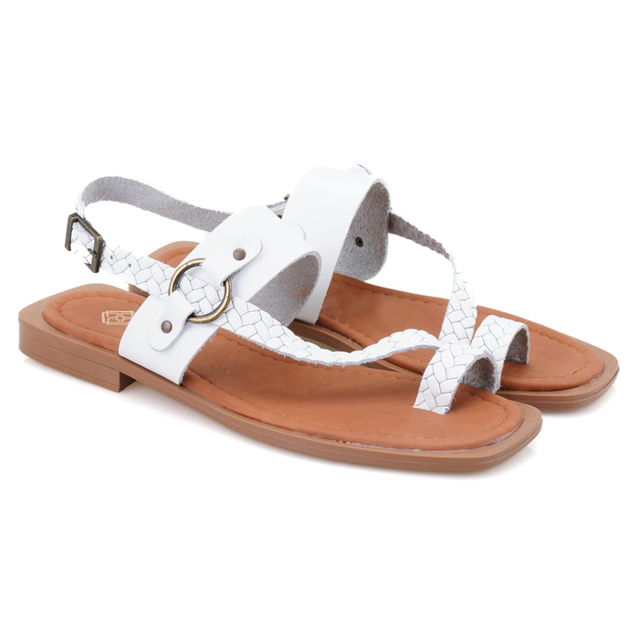 Kadın Beyaz Örgü Baskılı Deri Sandalet