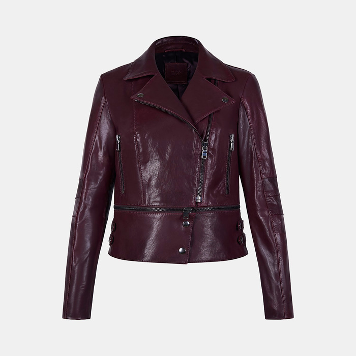 Kadın Bordo Gömlek Yakalı Çift Boy Kullanımlı Biker Deri Ceket