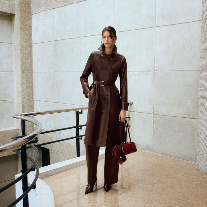 Kadın Bordo Yakalı Deri Trençkot