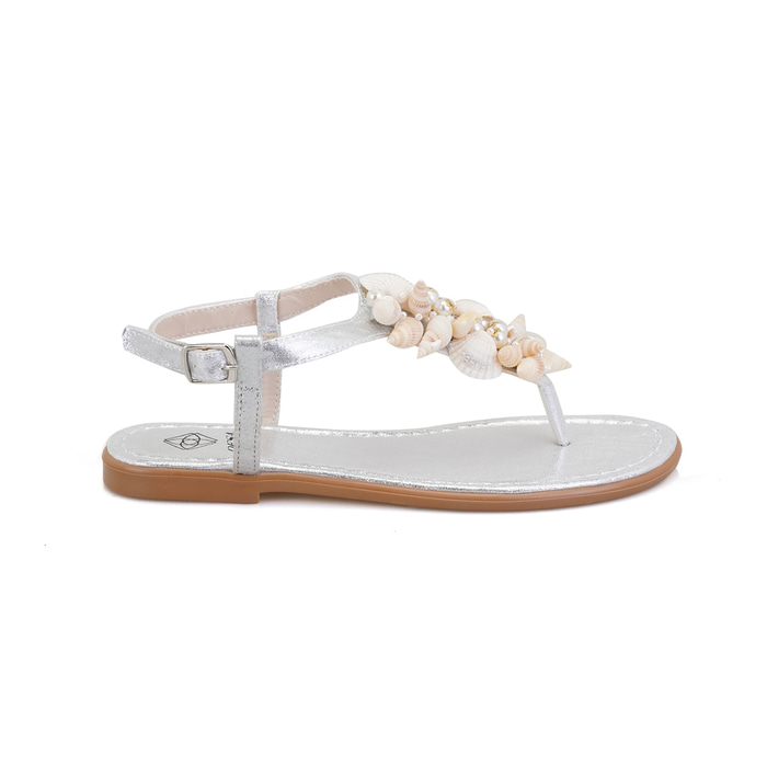 Kadın Gümüş Aksesuarlı Parmak Arası Deri Sandalet