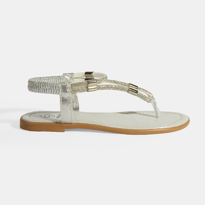 Kadın Gümüş Taşlı Lastik Bantlı Parmak Arası Sandalet