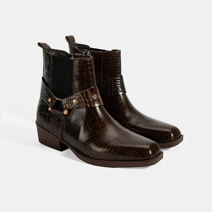 Kadın Kahve Kroko Baskılı Lastik Detaylı Deri Bot