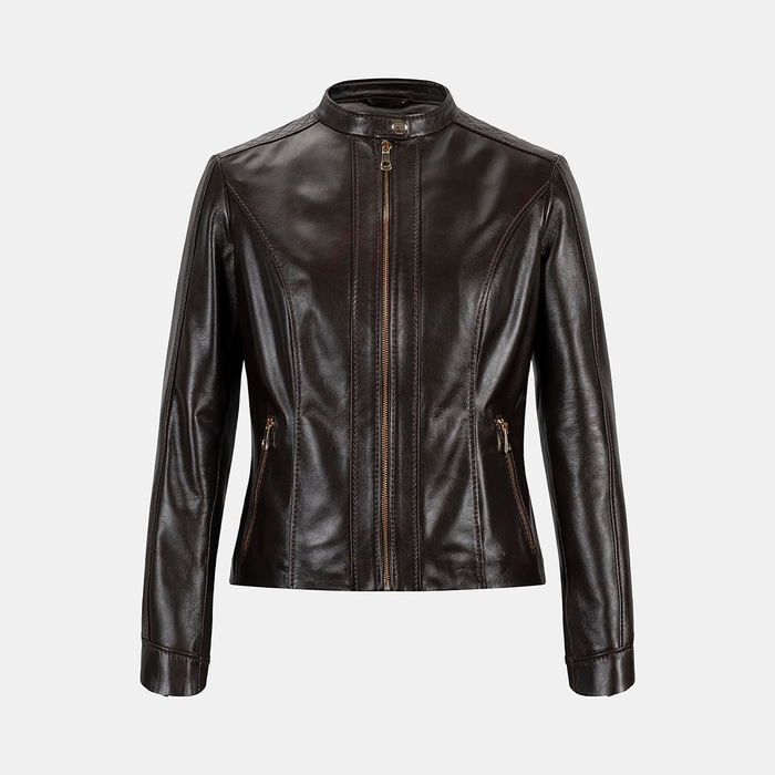 Kadın Koyu Kahve Hakim Yakalı Fit Deri Ceket