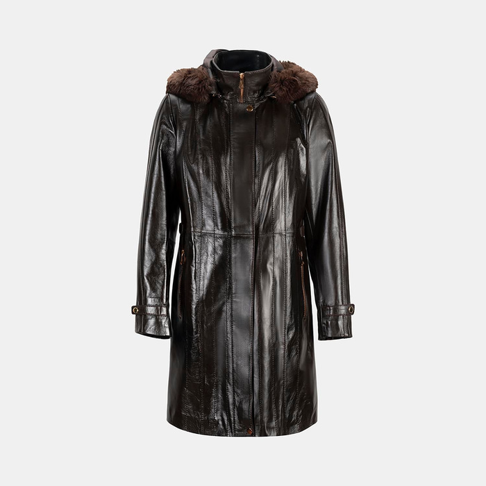 Kadın Koyu Kahve Hakim Yakalı Kapüşonlu Deri Kaban