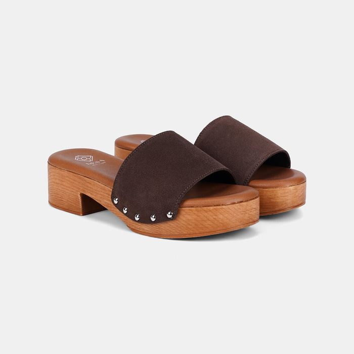 Kadın Koyu Kahve Zımba Detaylı Kalın Topuklu Süet Terlik