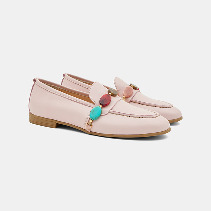 Kadın Pembe Renkli Taş Aksesuarlı Deri Loafer